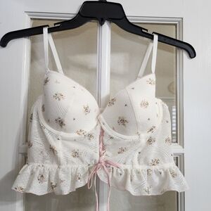 Forever 21 Floral Lace Bustier Corset Top XL Cottagecore Y2K Lace-Up Peplum